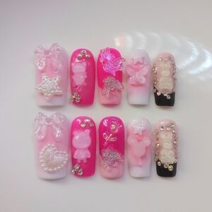 Pink and White Junk Nails Handmade Press on Nail Art Set 10pcs Reusable